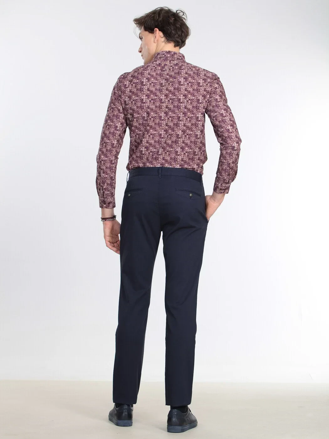 Navy Blue Weaving Regular Fit Casual Cotton Blended Trousers - 5