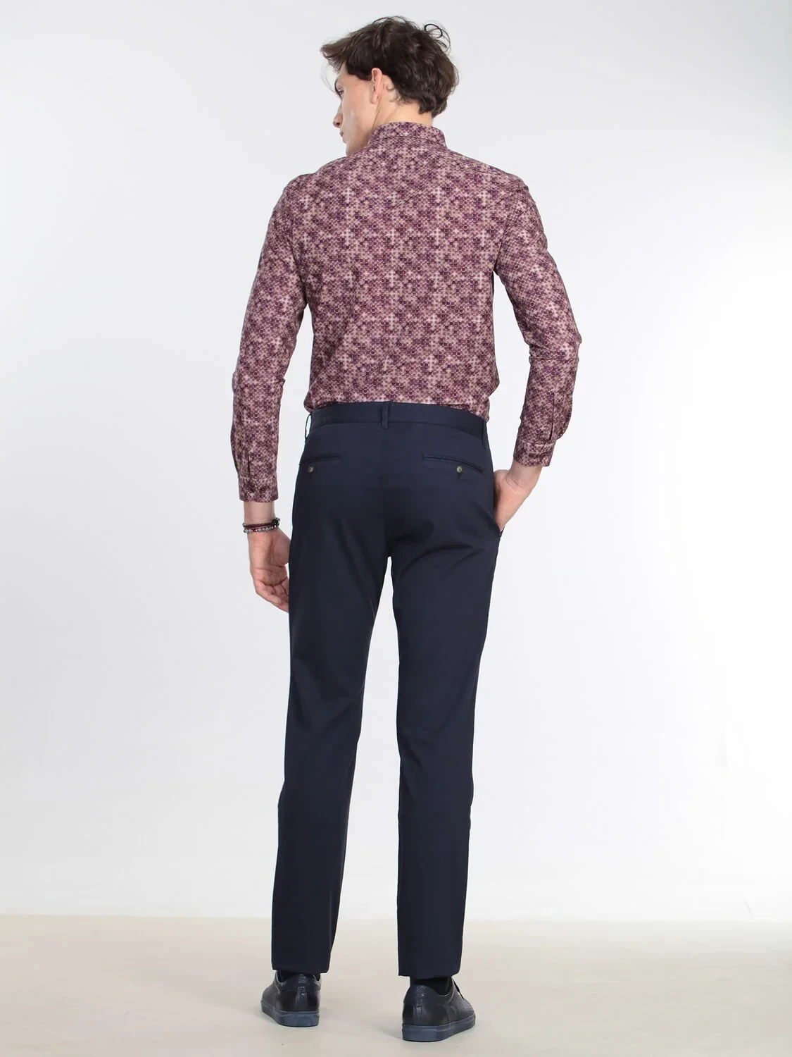 Navy Blue Weaving Regular Fit Casual Cotton Blended Trousers - 5
