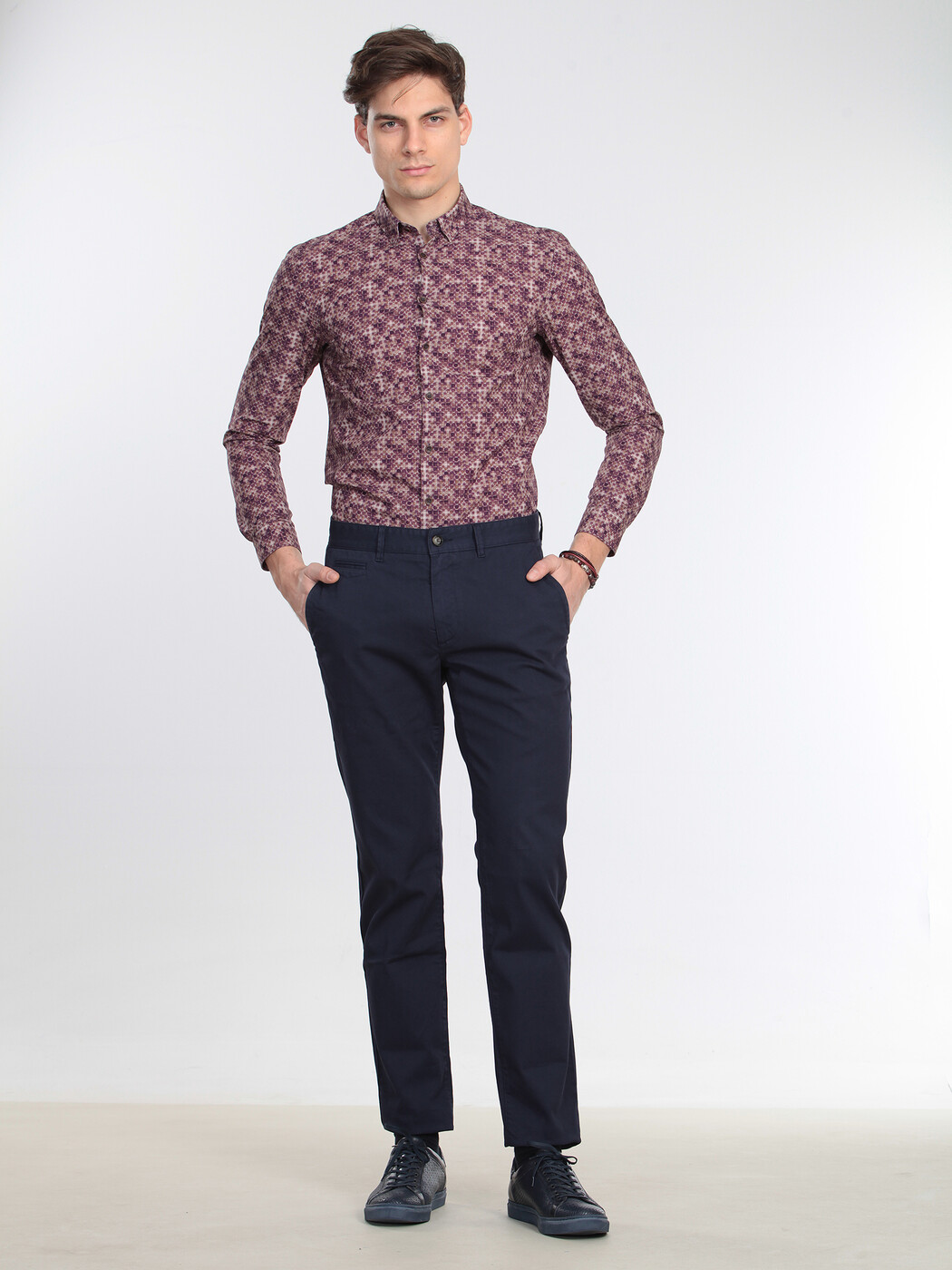 Navy Blue Weaving Regular Fit Casual Cotton Blended Trousers - 3