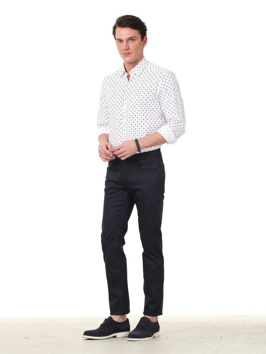 Navy Blue Weaving Regular Fit Casual Cotton Blended Trousers - 2