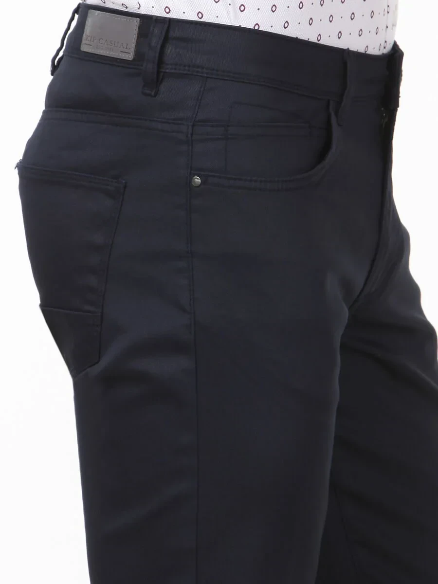 Navy Blue Weaving Regular Fit Casual Cotton Blended Trousers - 3
