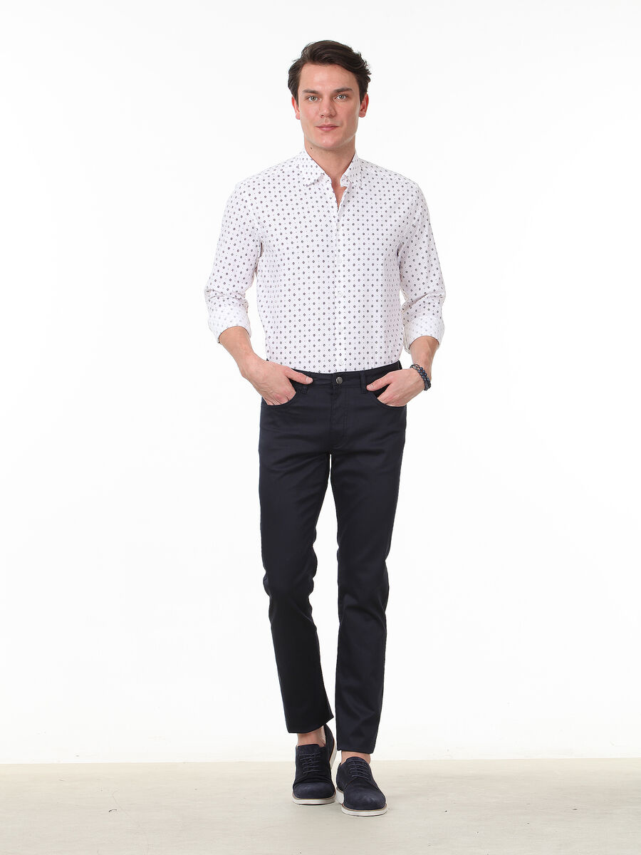 Navy Blue Weaving Regular Fit Casual Cotton Blended Trousers - 1
