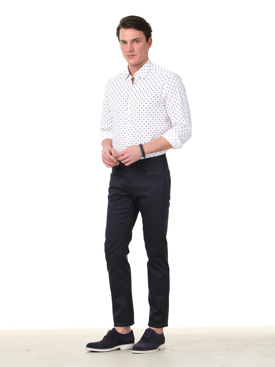 Navy Blue Weaving Regular Fit Casual Cotton Blended Trousers - 2