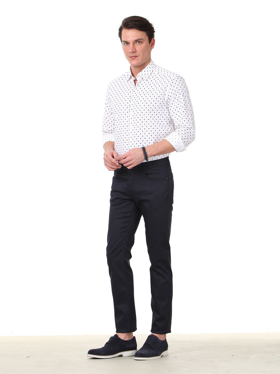 Navy Blue Weaving Regular Fit Casual Cotton Blended Trousers - 2