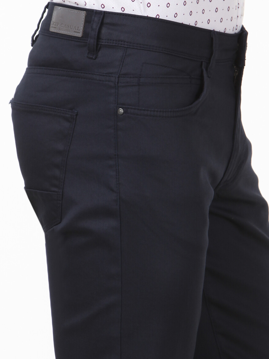 Navy Blue Weaving Regular Fit Casual Cotton Blended Trousers - 3