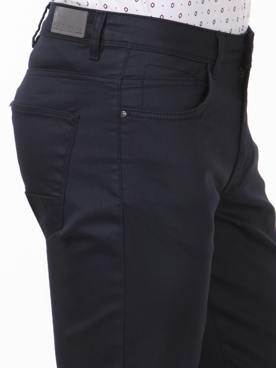 Navy Blue Weaving Regular Fit Casual Cotton Blended Trousers - 3
