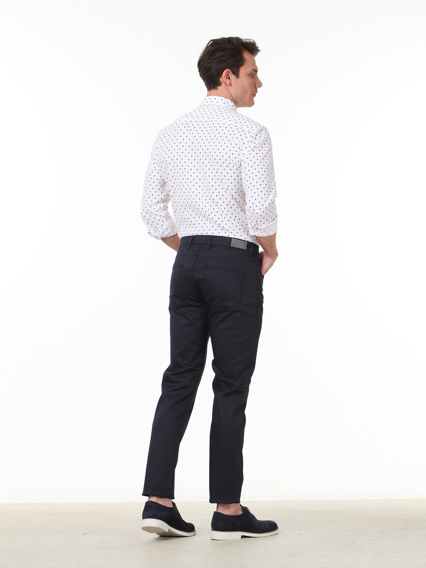 Navy Blue Weaving Regular Fit Casual Cotton Blended Trousers - 4