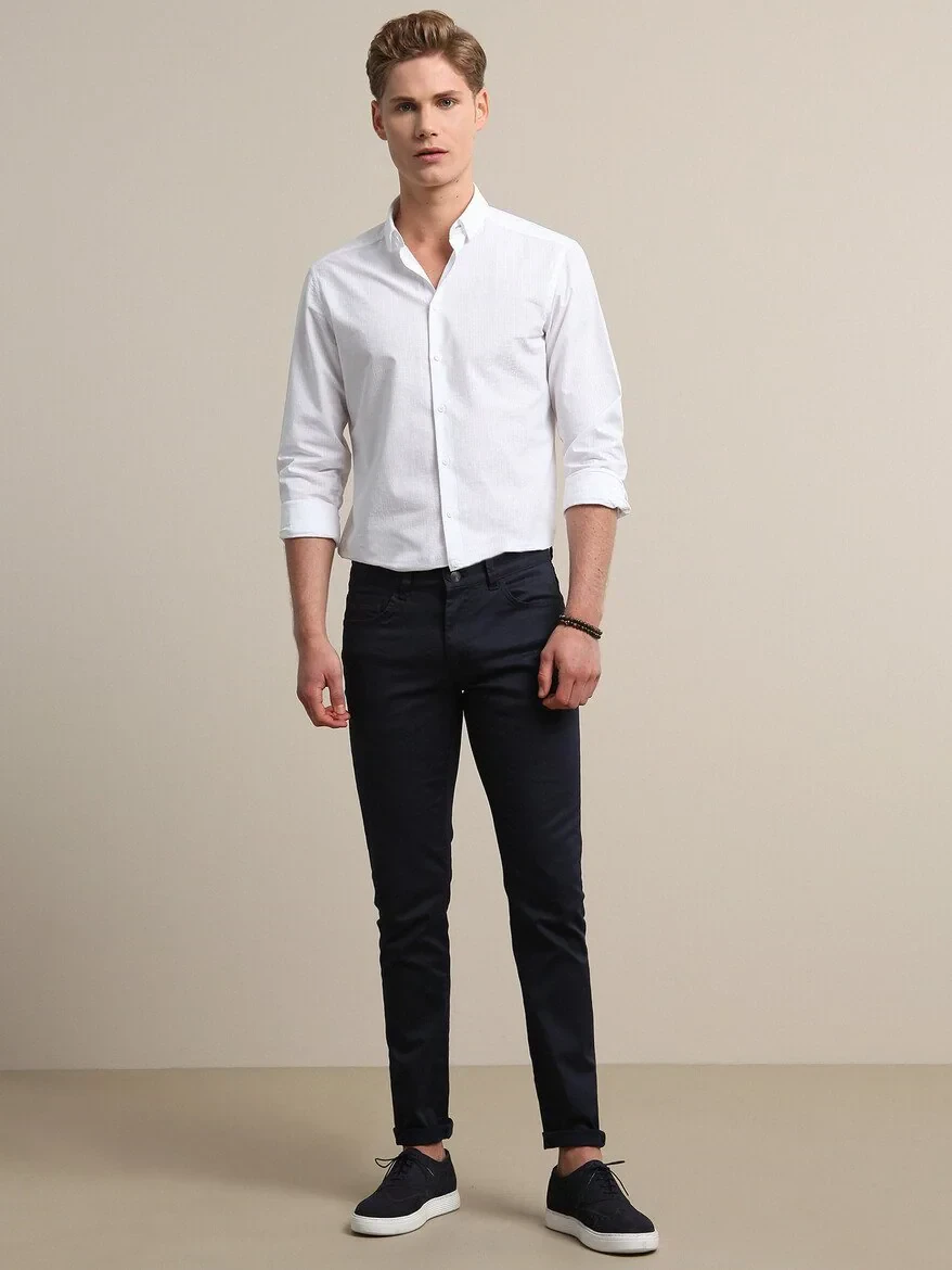 Navy Blue Weaving Regular Fit Casual Cotton Blended Trousers - 1