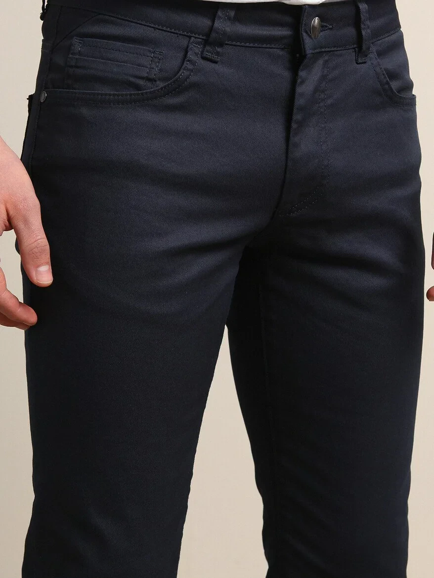 Navy Blue Weaving Regular Fit Casual Cotton Blended Trousers - 2
