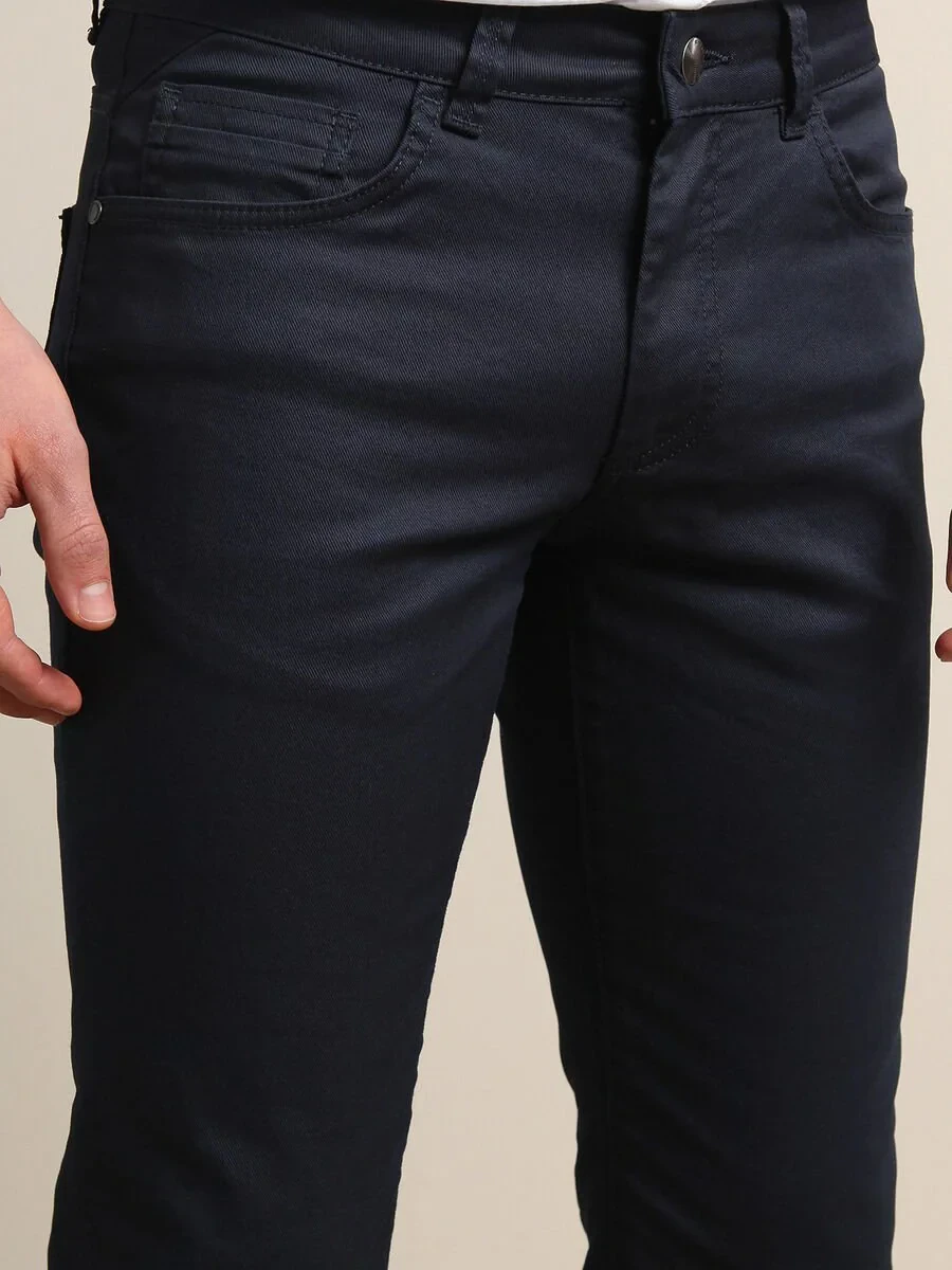 Navy Blue Weaving Regular Fit Casual Cotton Blended Trousers - 2