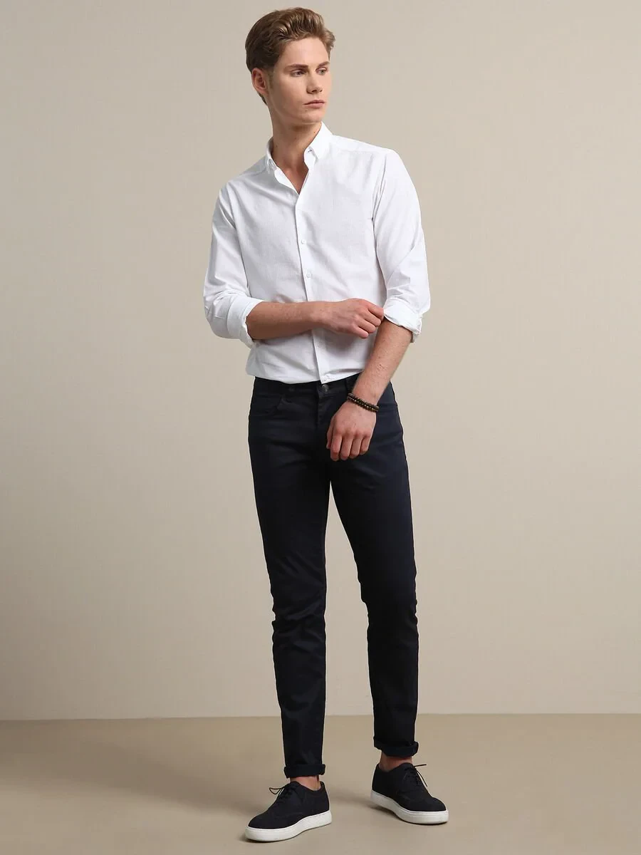 Navy Blue Weaving Regular Fit Casual Cotton Blended Trousers - 4