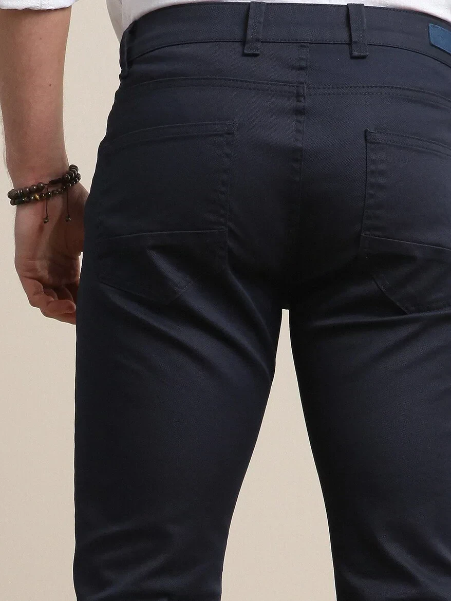 Navy Blue Weaving Regular Fit Casual Cotton Blended Trousers - 5
