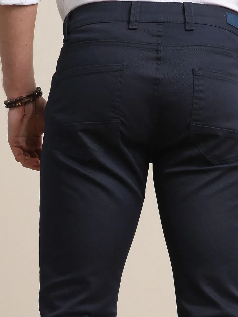 Navy Blue Weaving Regular Fit Casual Cotton Blended Trousers - 5