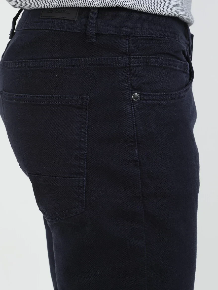 Navy Blue Weaving Regular Fit Casual Cotton Blended Trousers - 3