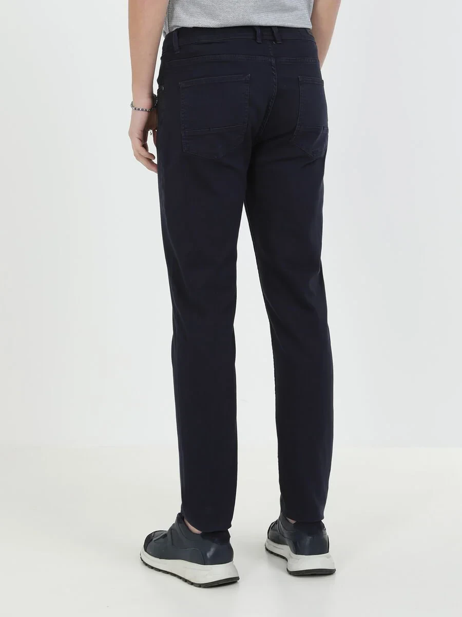 Navy Blue Weaving Regular Fit Casual Cotton Blended Trousers - 4