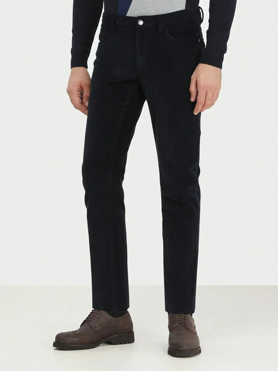 Navy Blue Weaving Regular Fit Casual Cotton Blended Trousers - 1