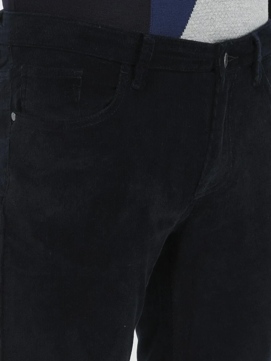 Navy Blue Weaving Regular Fit Casual Cotton Blended Trousers - 3