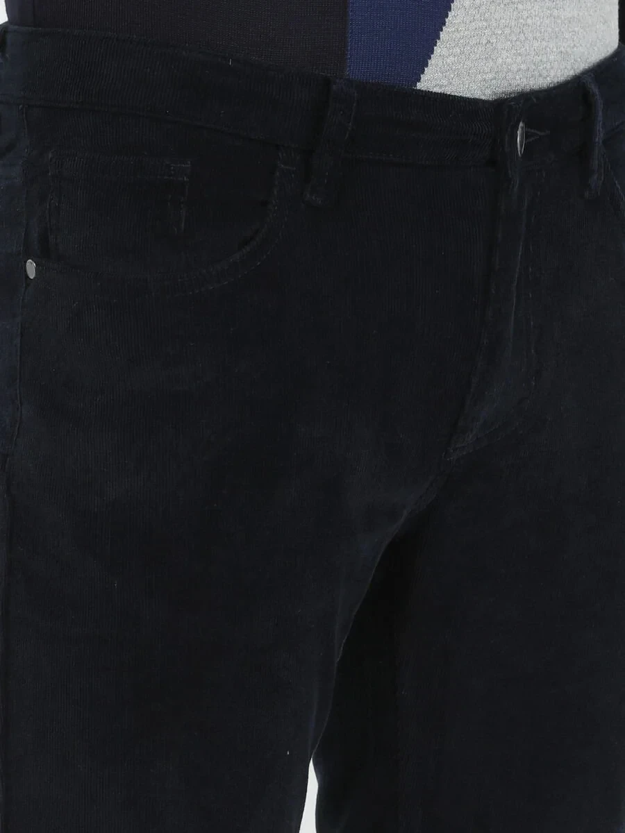 Navy Blue Weaving Regular Fit Casual Cotton Blended Trousers - 3