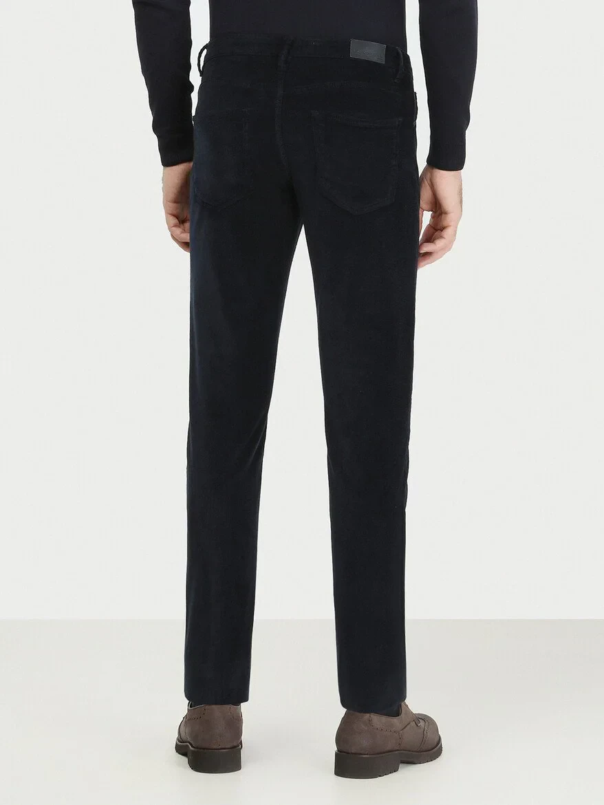 Navy Blue Weaving Regular Fit Casual Cotton Blended Trousers - 4