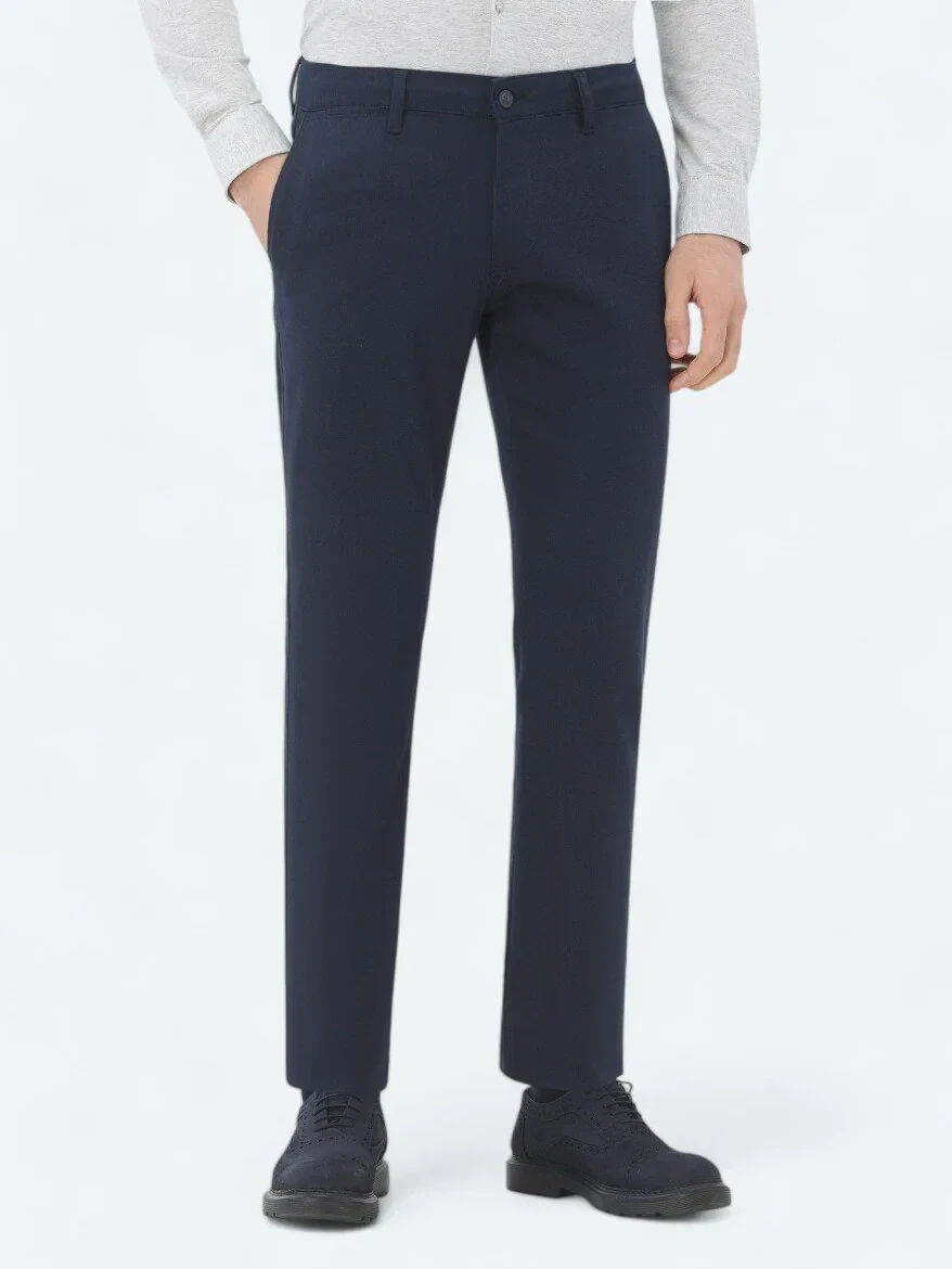Navy Blue Weaving Regular Fit Casual Cotton Blended Trousers - 2