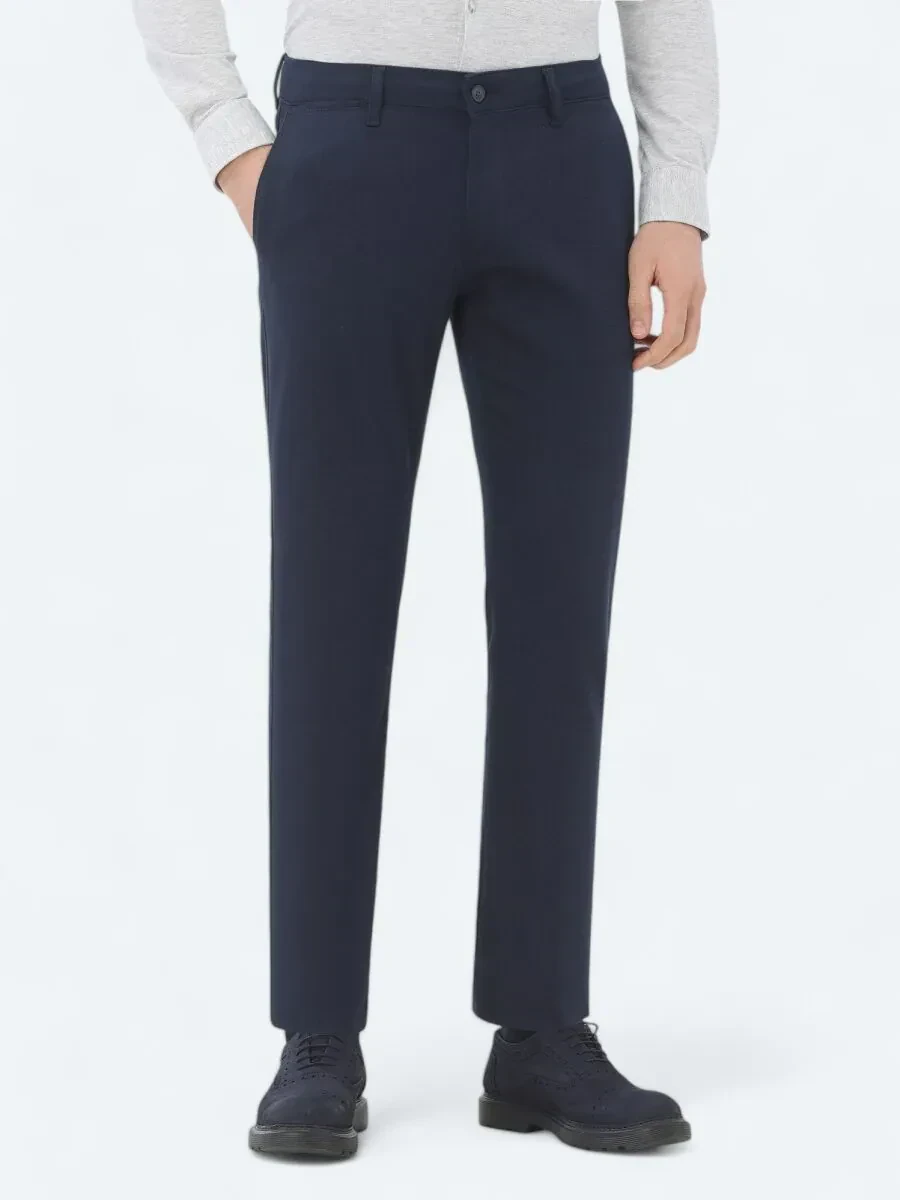 Navy Blue Weaving Regular Fit Casual Cotton Blended Trousers - 2