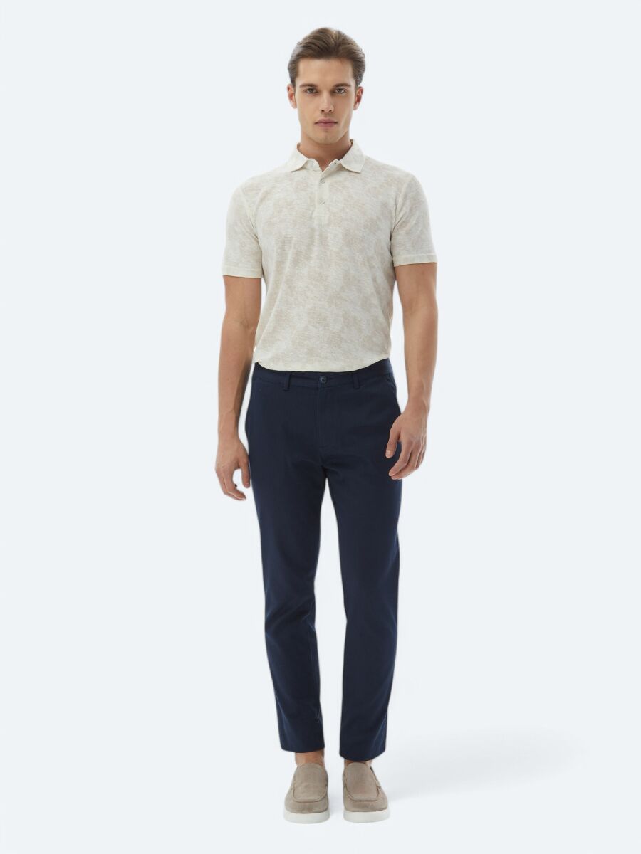 Navy Blue Weaving Regular Fit Casual Cotton Blended Trousers - 1