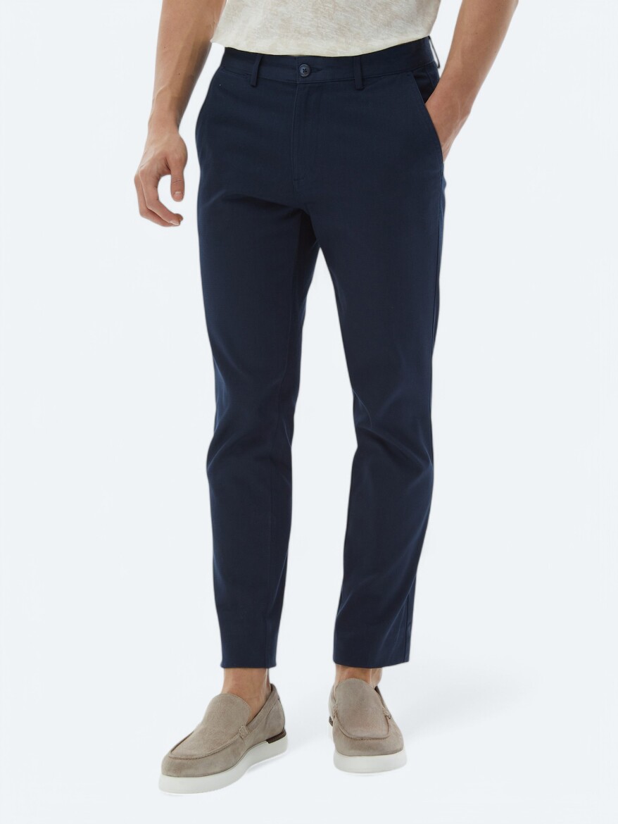 Navy Blue Weaving Regular Fit Casual Cotton Blended Trousers 