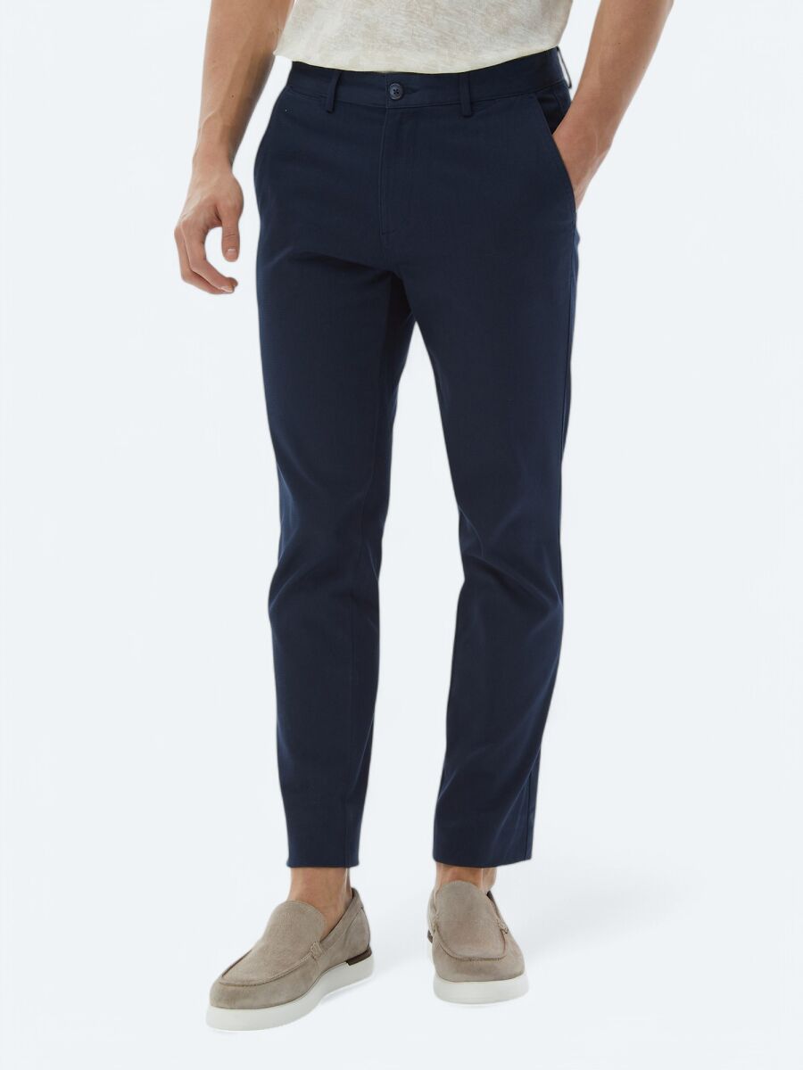 Navy Blue Weaving Regular Fit Casual Cotton Blended Trousers - 2