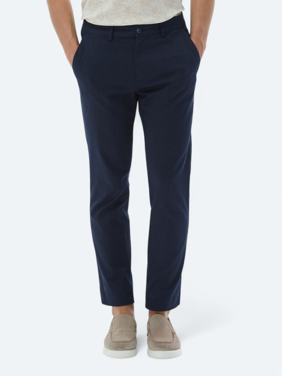 Navy Blue Weaving Regular Fit Casual Cotton Blended Trousers - 3