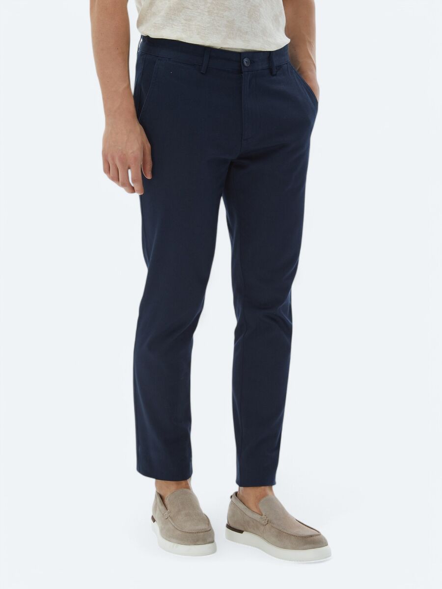 Navy Blue Weaving Regular Fit Casual Cotton Blended Trousers - 5