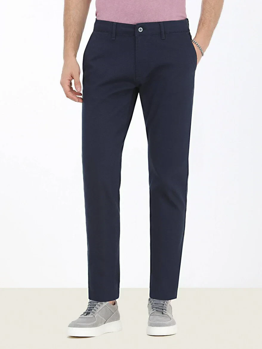 Navy Blue Weaving Regular Fit Casual Cotton Blended Trousers - 1
