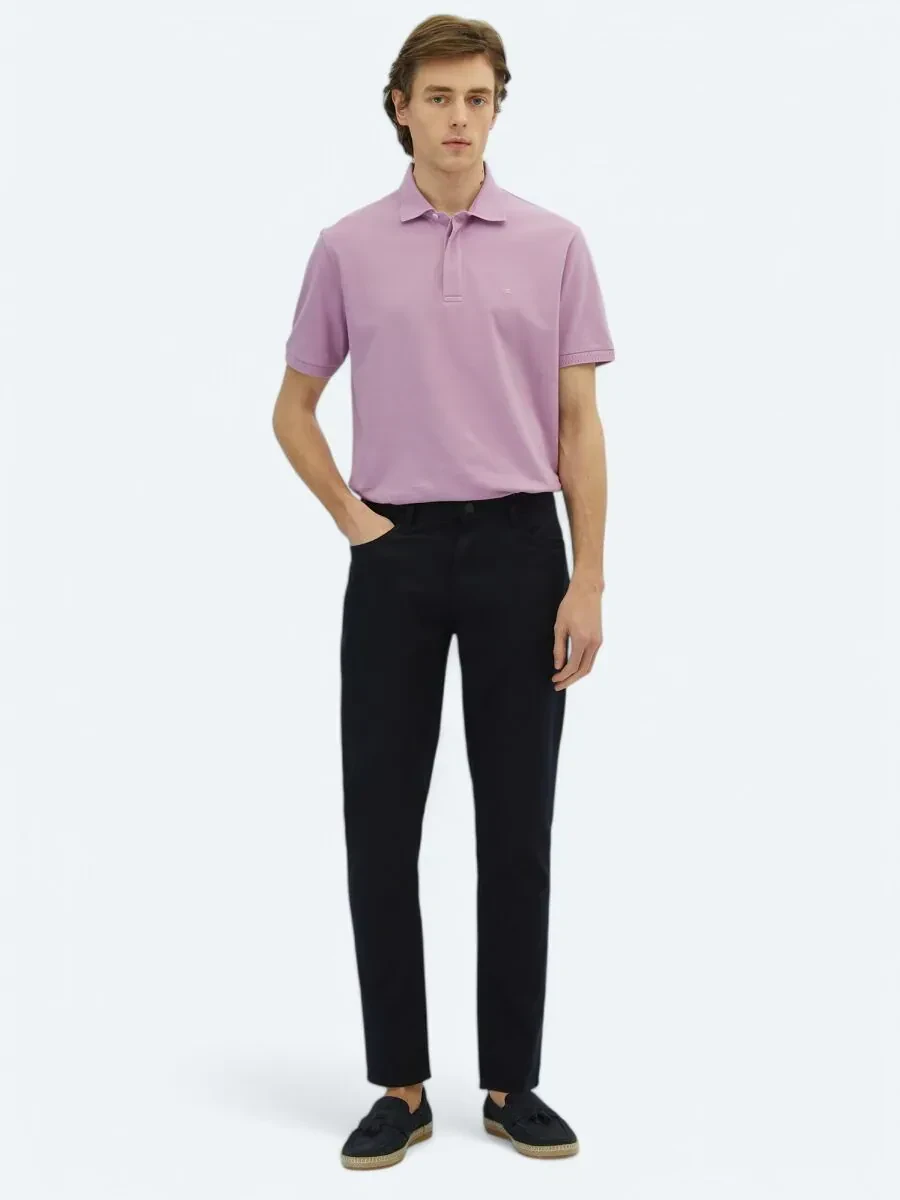 Navy Blue Weaving Regular Fit Casual Cotton Blended Trousers - 1