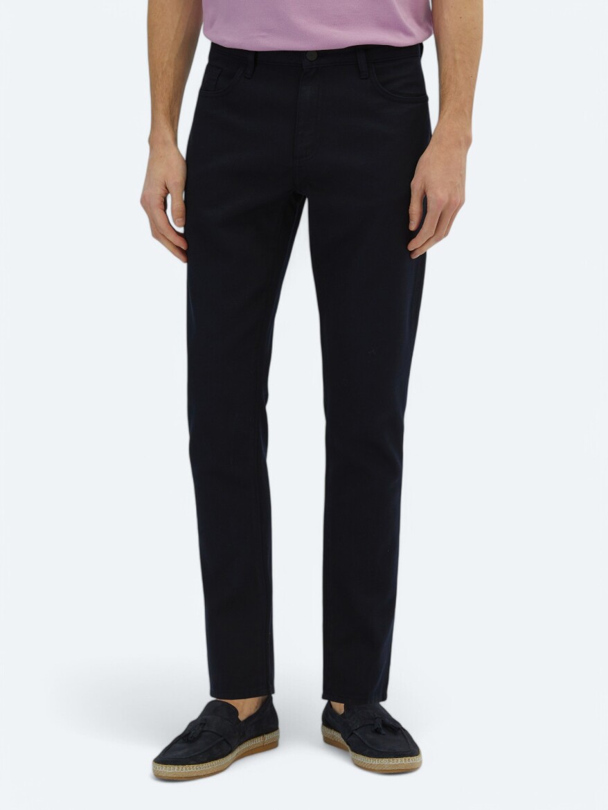 Navy Blue Weaving Regular Fit Casual Cotton Blended Trousers 