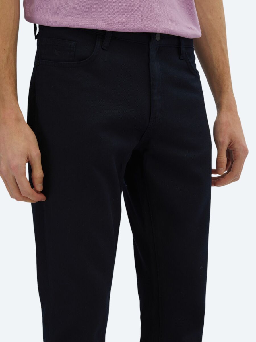 Navy Blue Weaving Regular Fit Casual Cotton Blended Trousers - 3