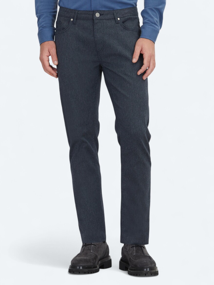 Navy Blue Weaving Regular Fit Casual Cotton Blended Trousers - 2