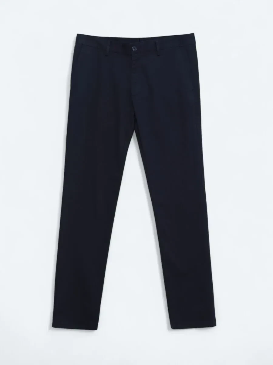 Navy Blue Weaving Regular Fit Casual Cotton Blended Trousers - 5