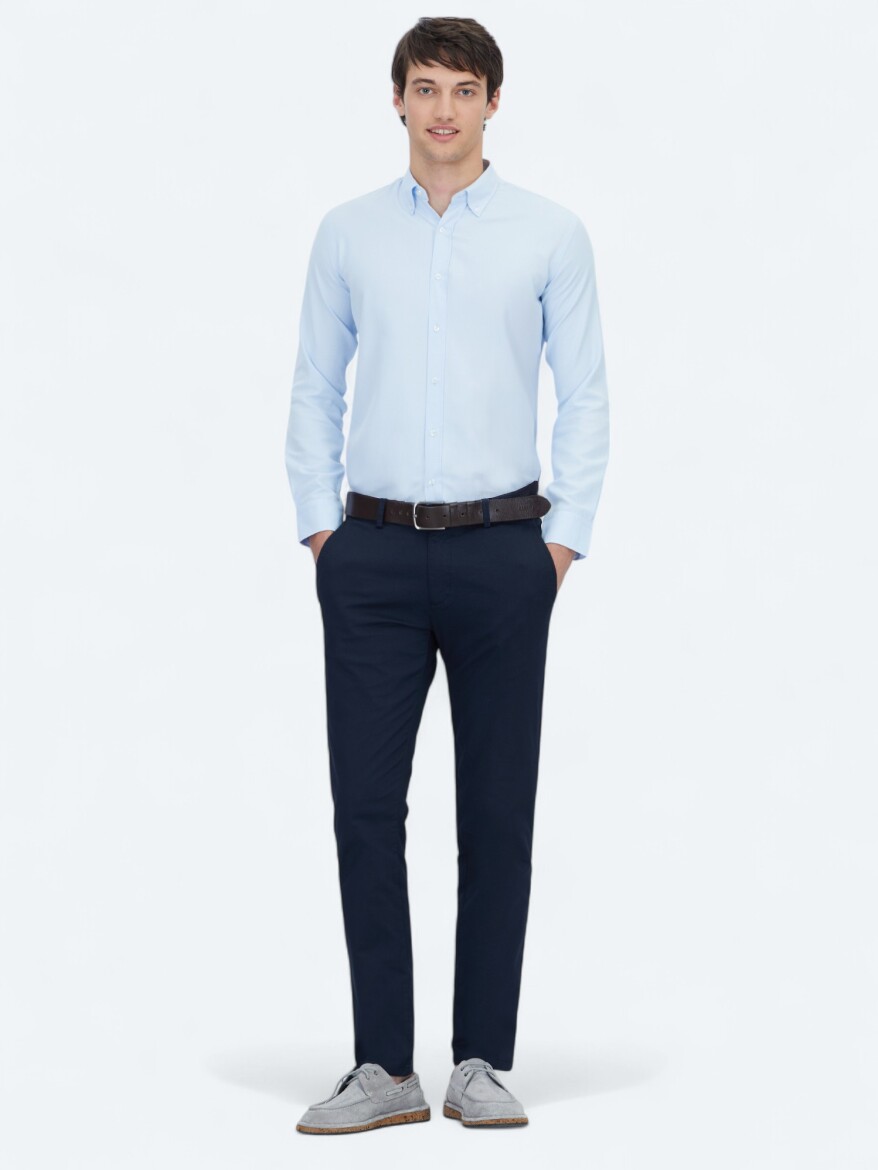 Navy Blue Weaving Regular Fit Casual Cotton Blended Trousers - 1