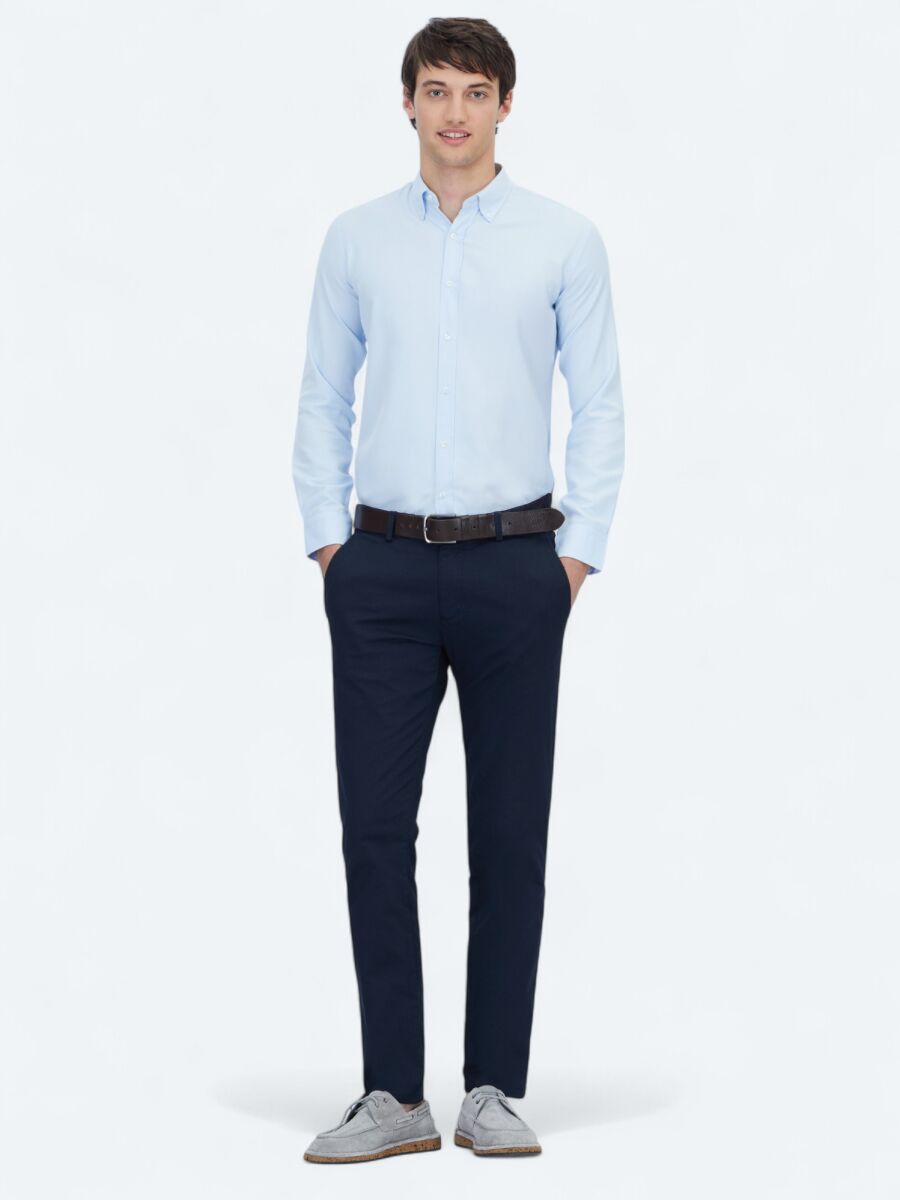 Navy Blue Weaving Regular Fit Casual Cotton Blended Trousers - 1