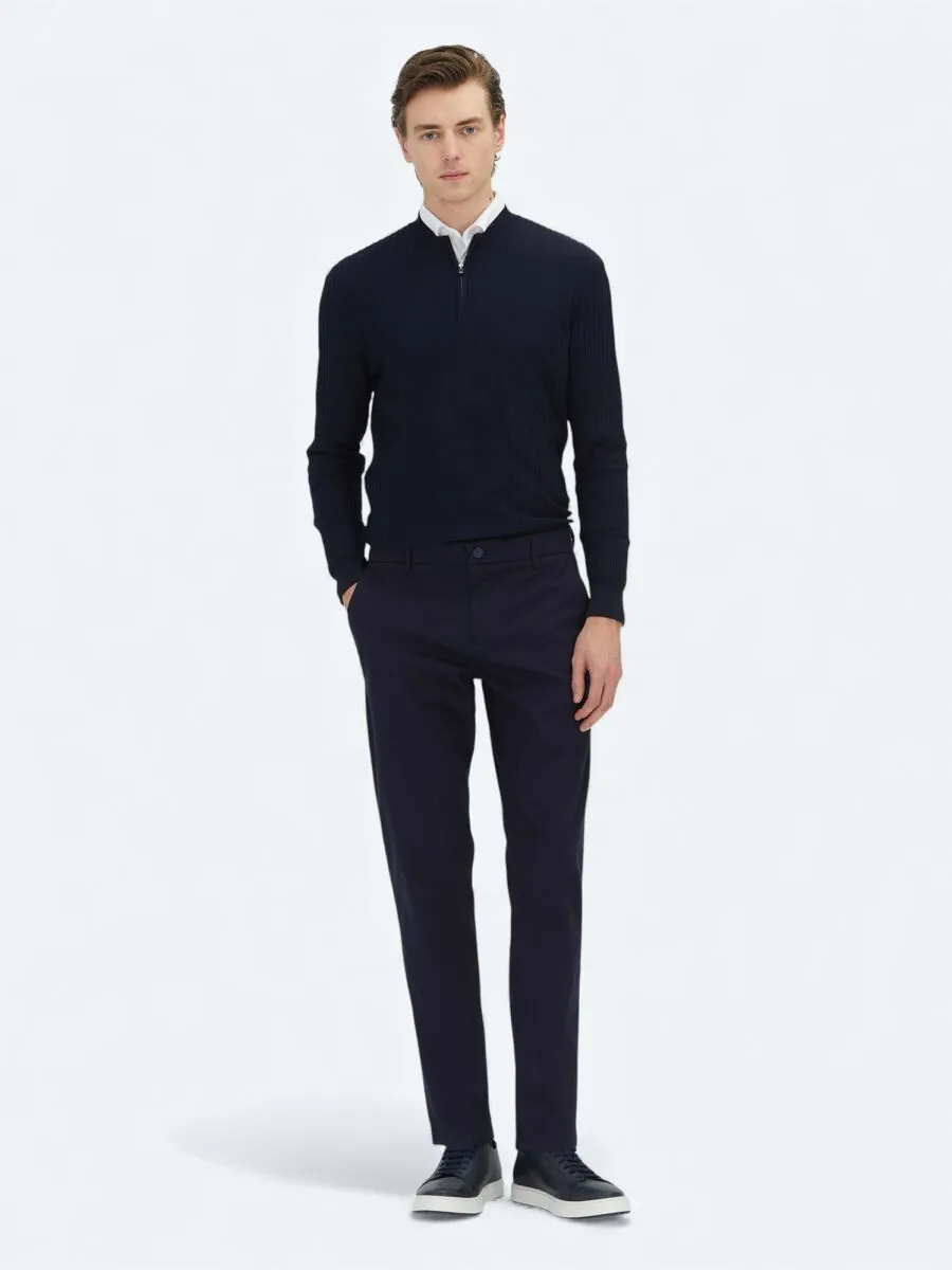 Navy Blue Weaving Regular Fit Casual Cotton Blended Trousers - 1