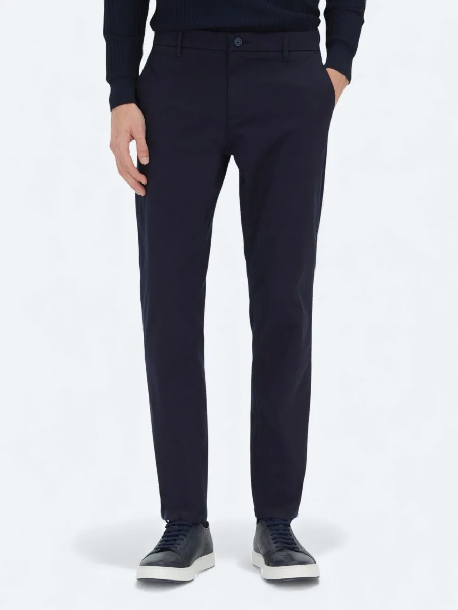 Navy Blue Weaving Regular Fit Casual Cotton Blended Trousers - 2