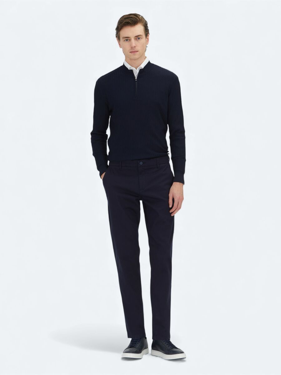 Navy Blue Weaving Regular Fit Casual Cotton Blended Trousers - 1