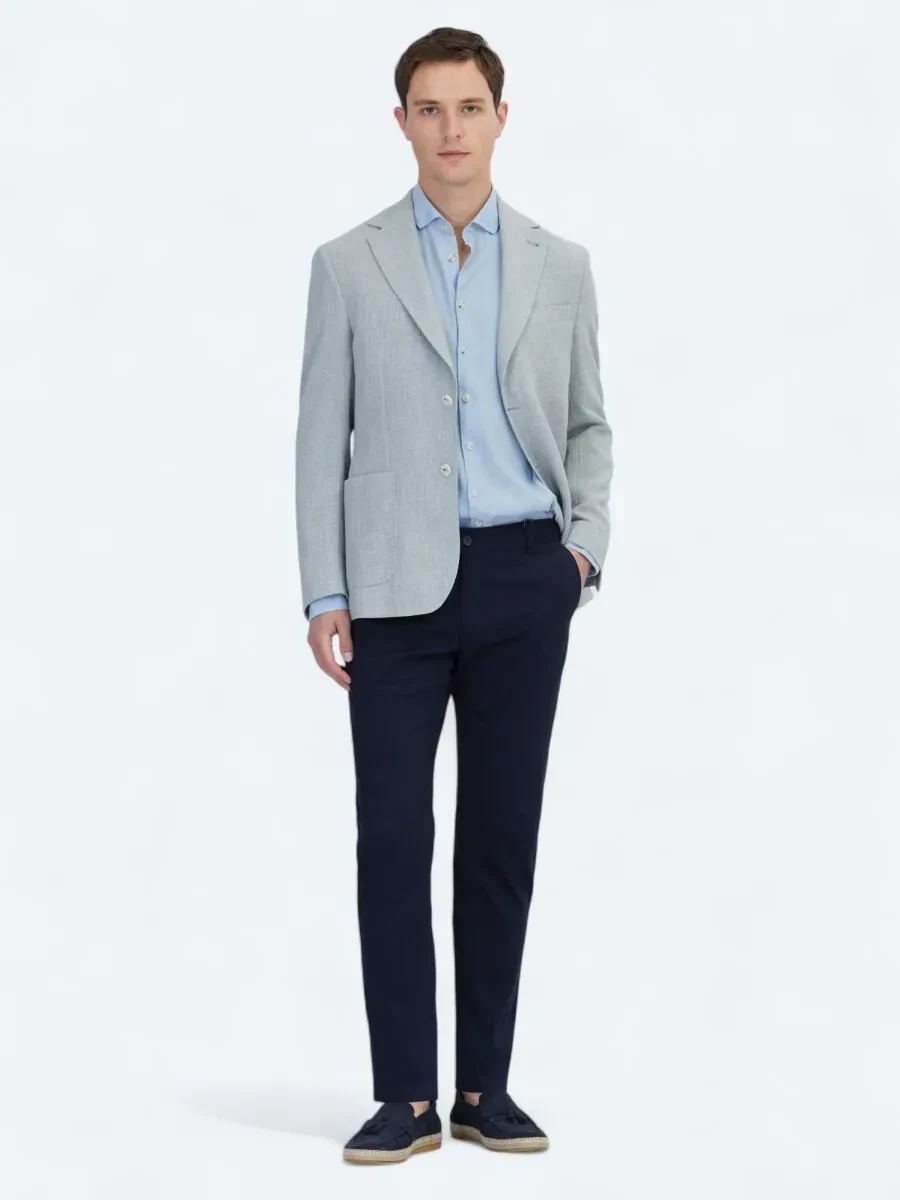 Navy Blue Weaving Regular Fit Casual Cotton Blended Trousers - 1