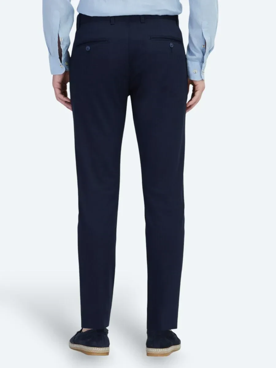 Navy Blue Weaving Regular Fit Casual Cotton Blended Trousers - 5