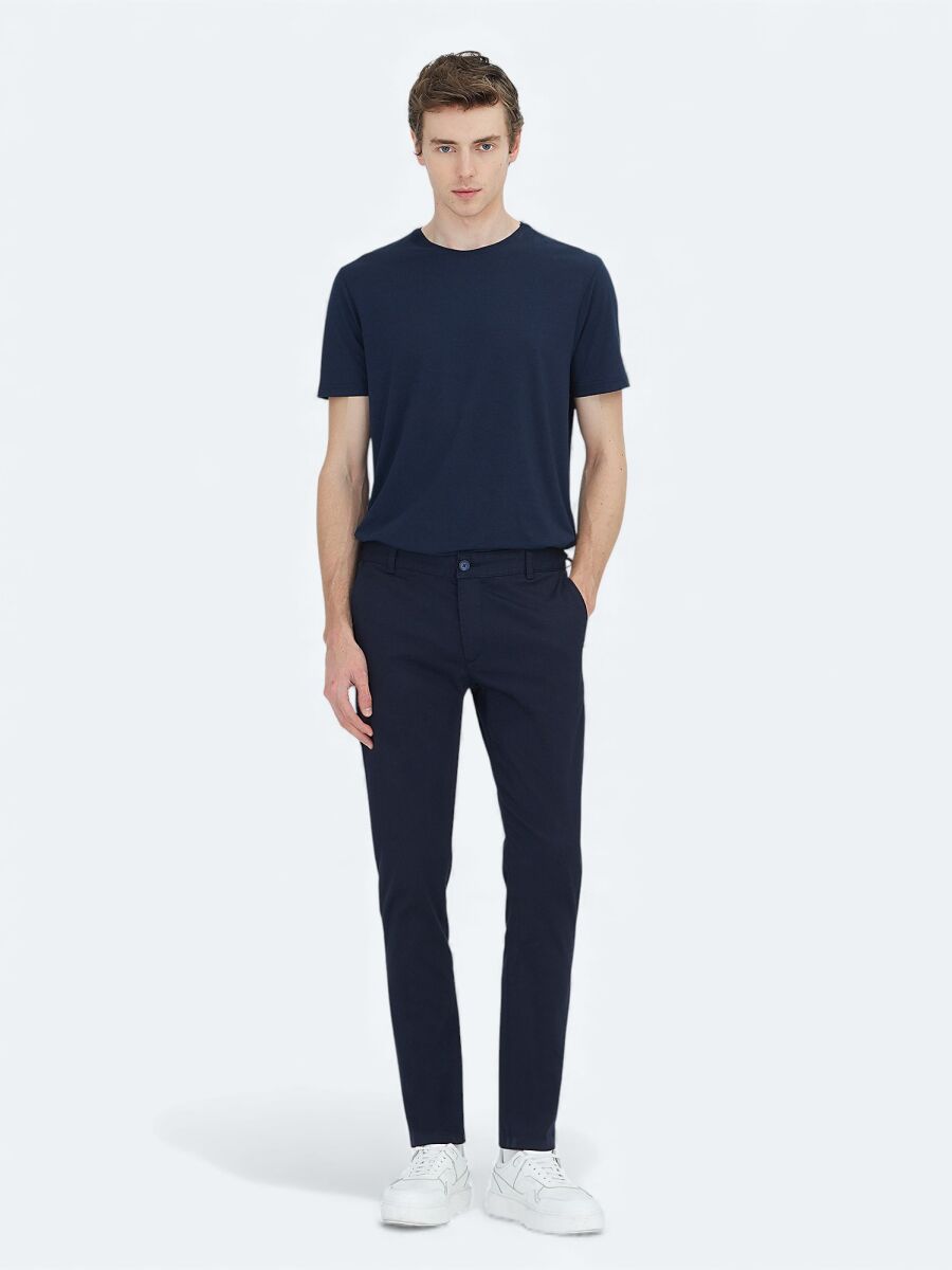 Navy Blue Weaving Regular Fit Casual Cotton Blended Trousers - 1