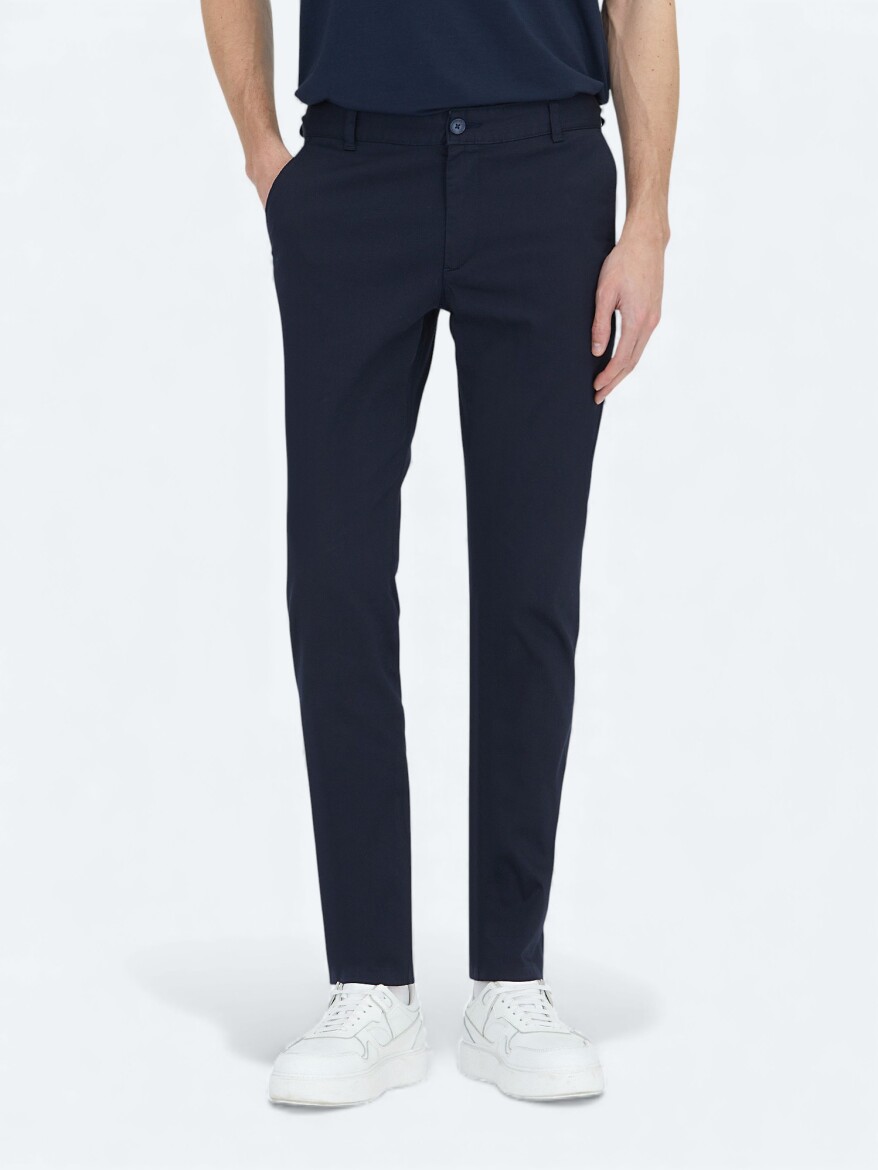 Navy Blue Weaving Regular Fit Casual Cotton Blended Trousers - 2