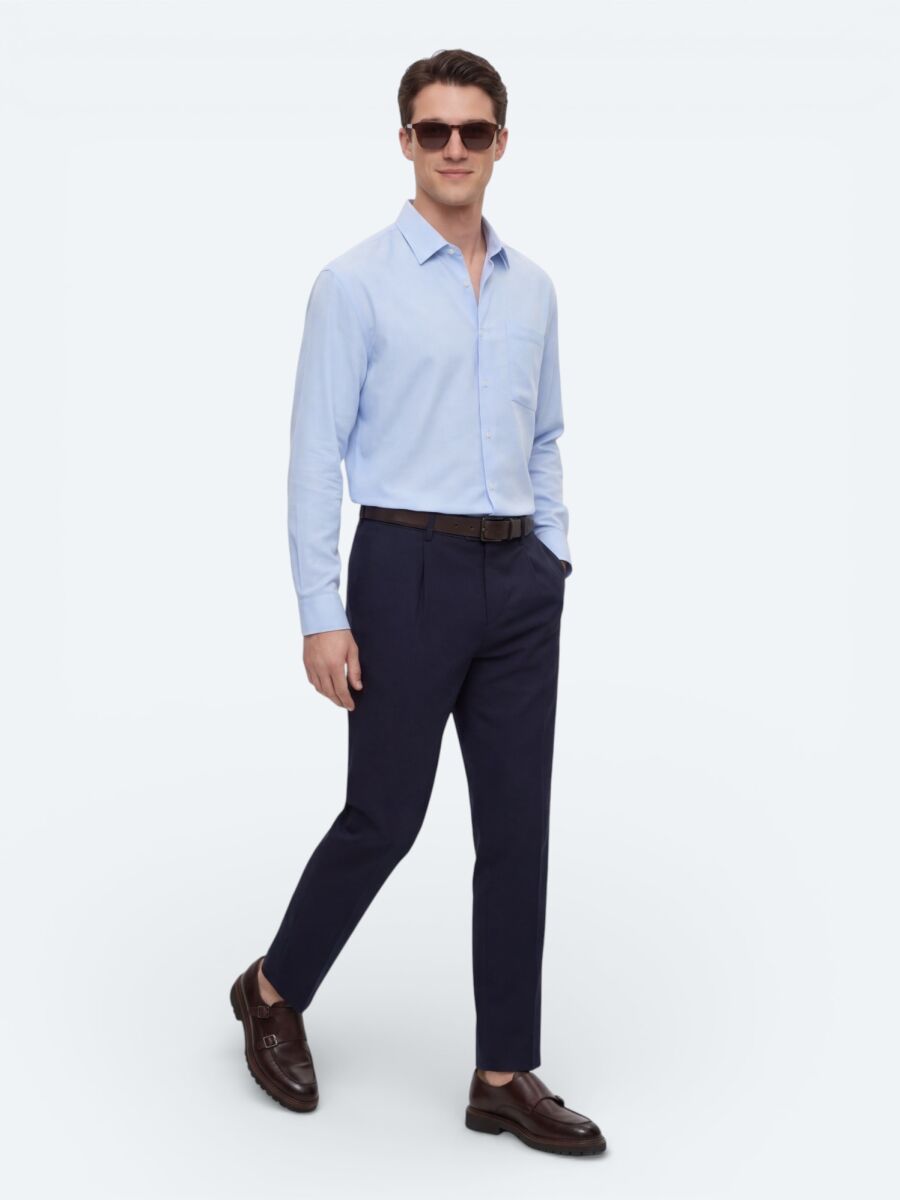 Navy Blue Weaving Regular Fit Casual Cotton Blended Trousers - 2