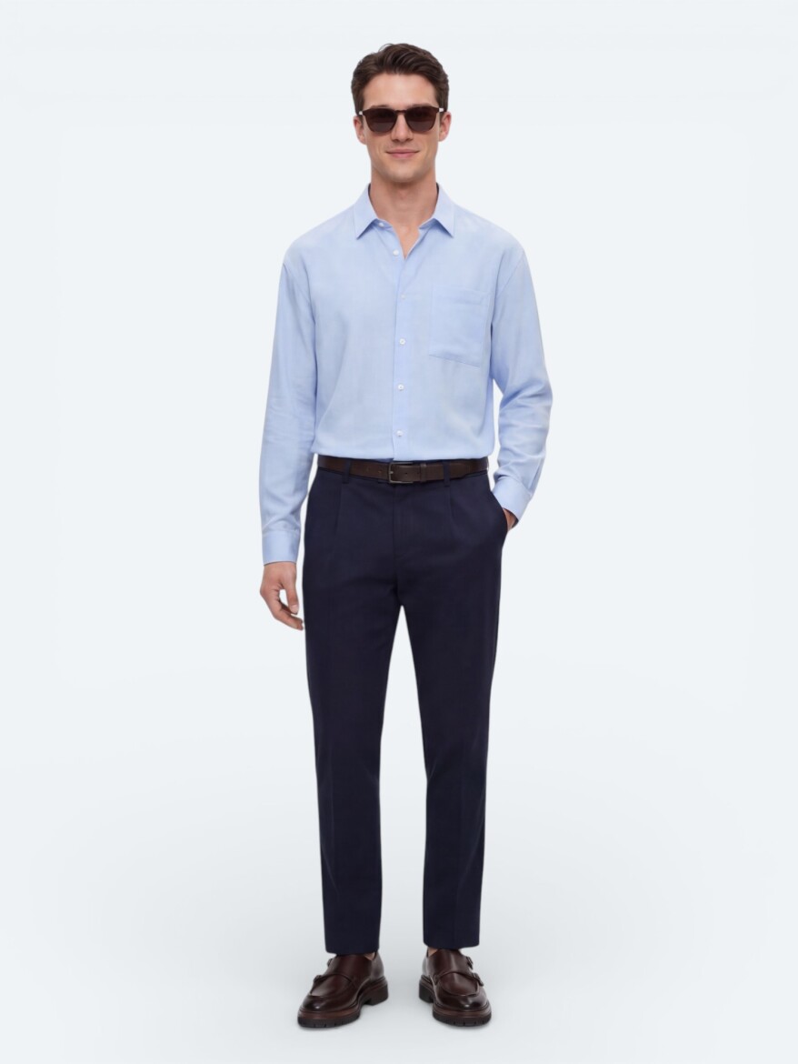 Navy Blue Weaving Regular Fit Casual Cotton Blended Trousers - 3