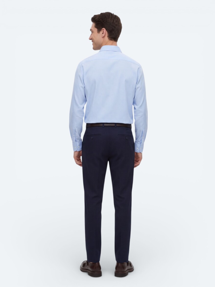 Navy Blue Weaving Regular Fit Casual Cotton Blended Trousers - 5