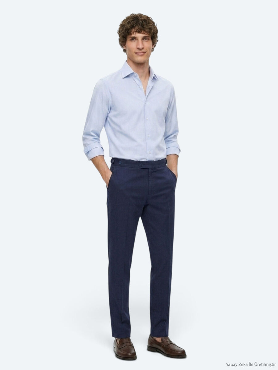 Navy Blue Weaving Regular Fit Casual Cotton Blended Trousers - 3