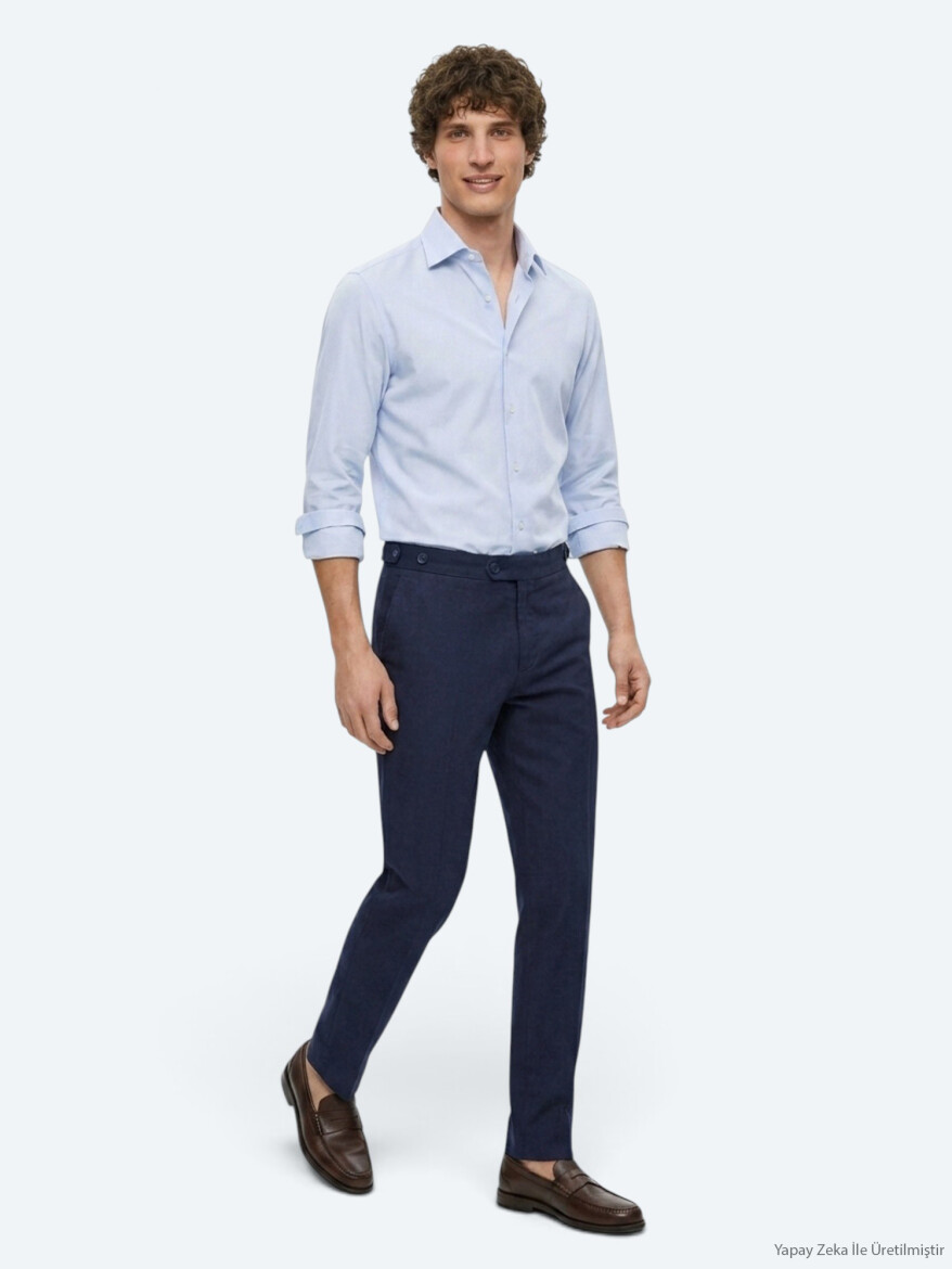 Navy Blue Weaving Regular Fit Casual Cotton Blended Trousers - 4